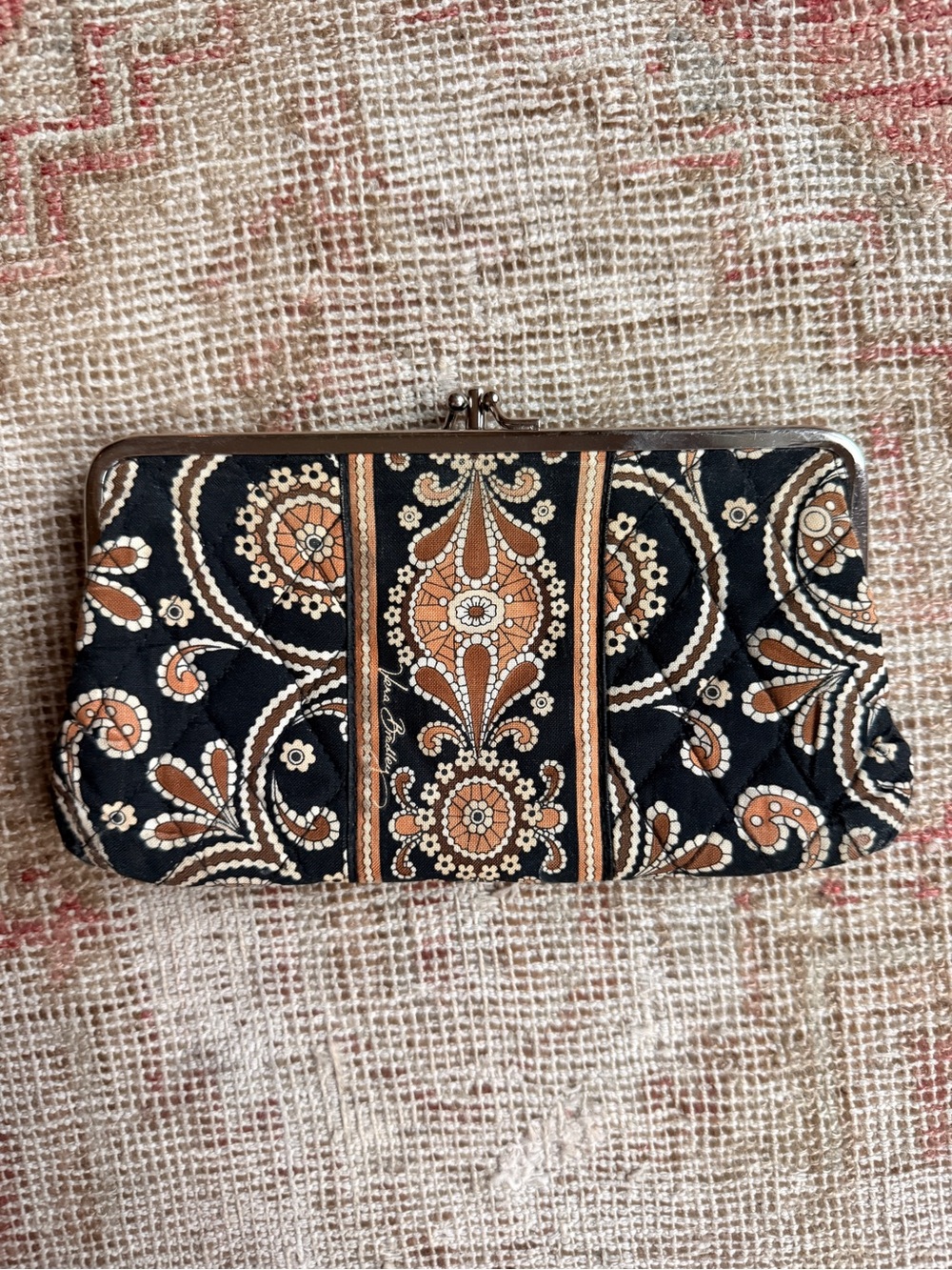 Vera Bradley Black Quilted Wallet with Tan Floral Paisley Pattern